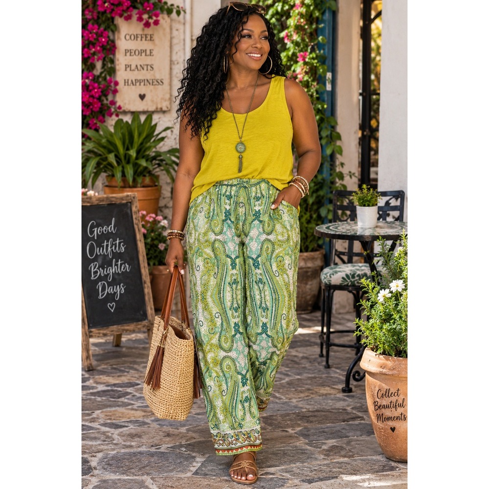 Shein Curve Womens 3XL Paisley Print Wide Leg Elastic Waist Pants Green Teal